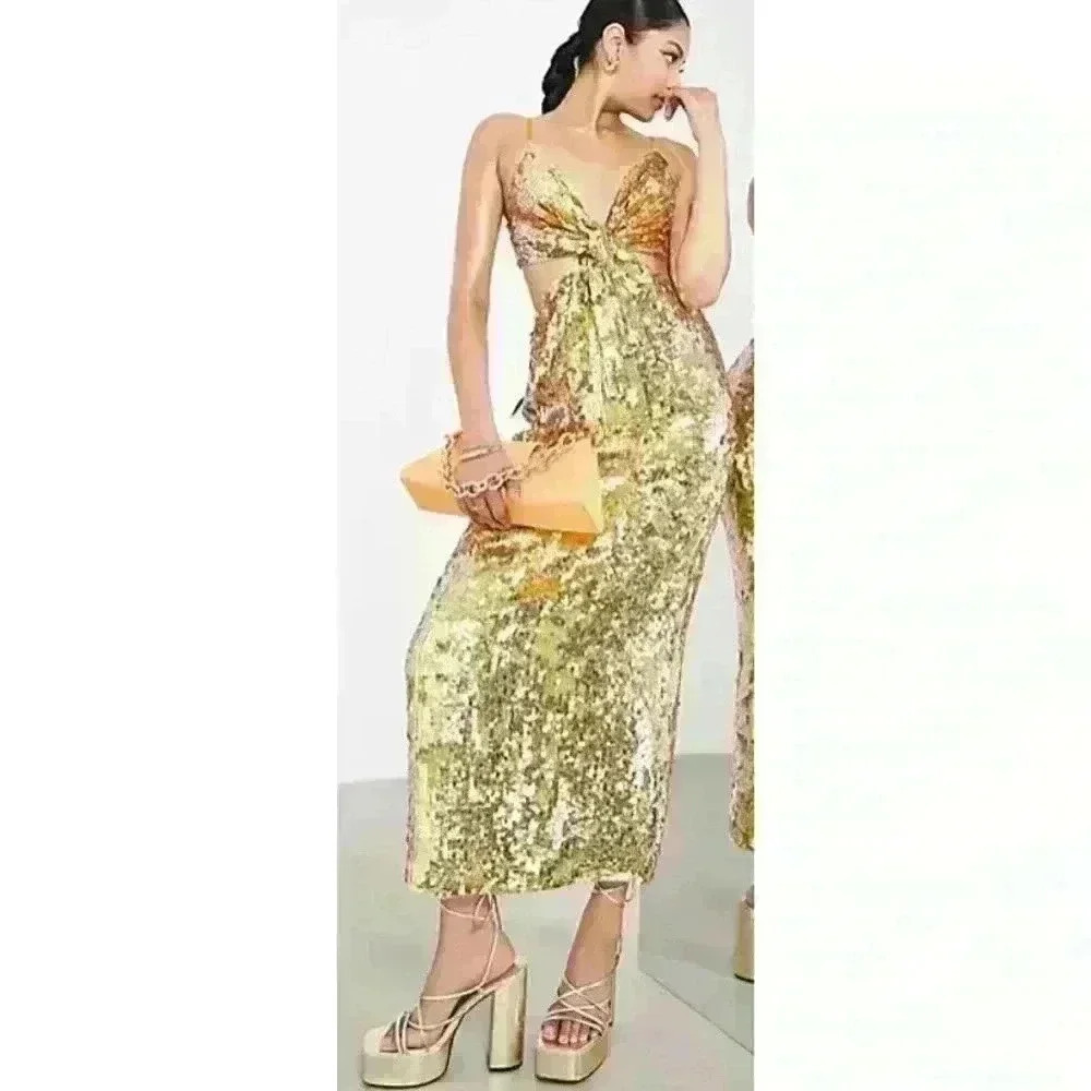 Gold Sequin Cutout Midi Dress - Brand